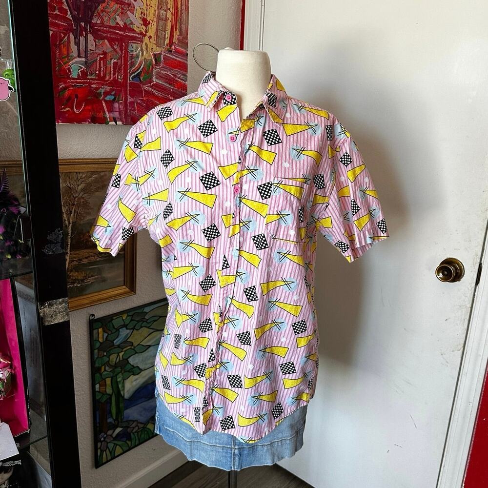 eldon pink and white striped 80’s themed button up shirt